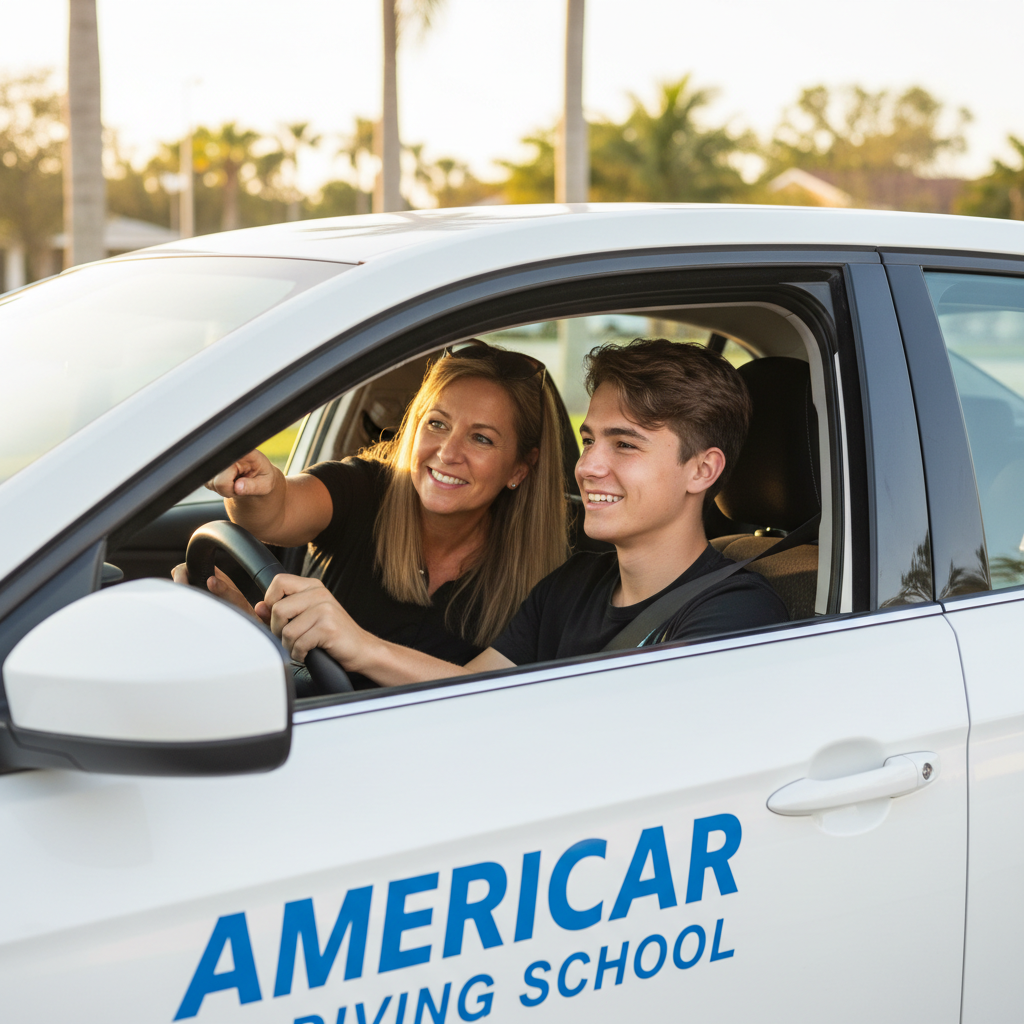 Instructor guiding student inside Americar Driving School car