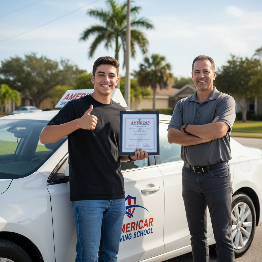 Proud student with certificate giving thumbs up beside Americar Driving School car