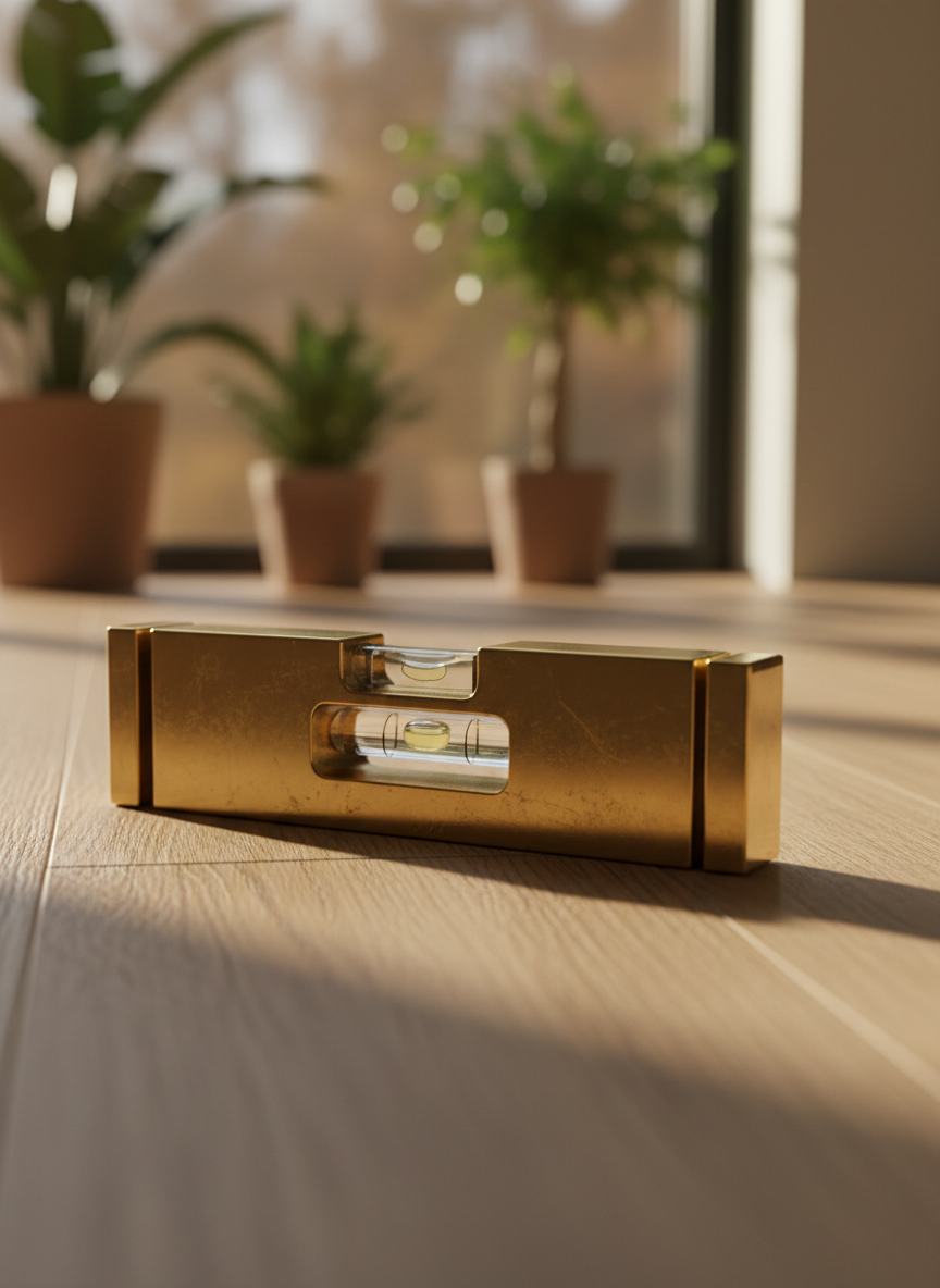 Precision brass spirit level on clean hardwood floor — DeanPatrick Handyman craftsmanship
