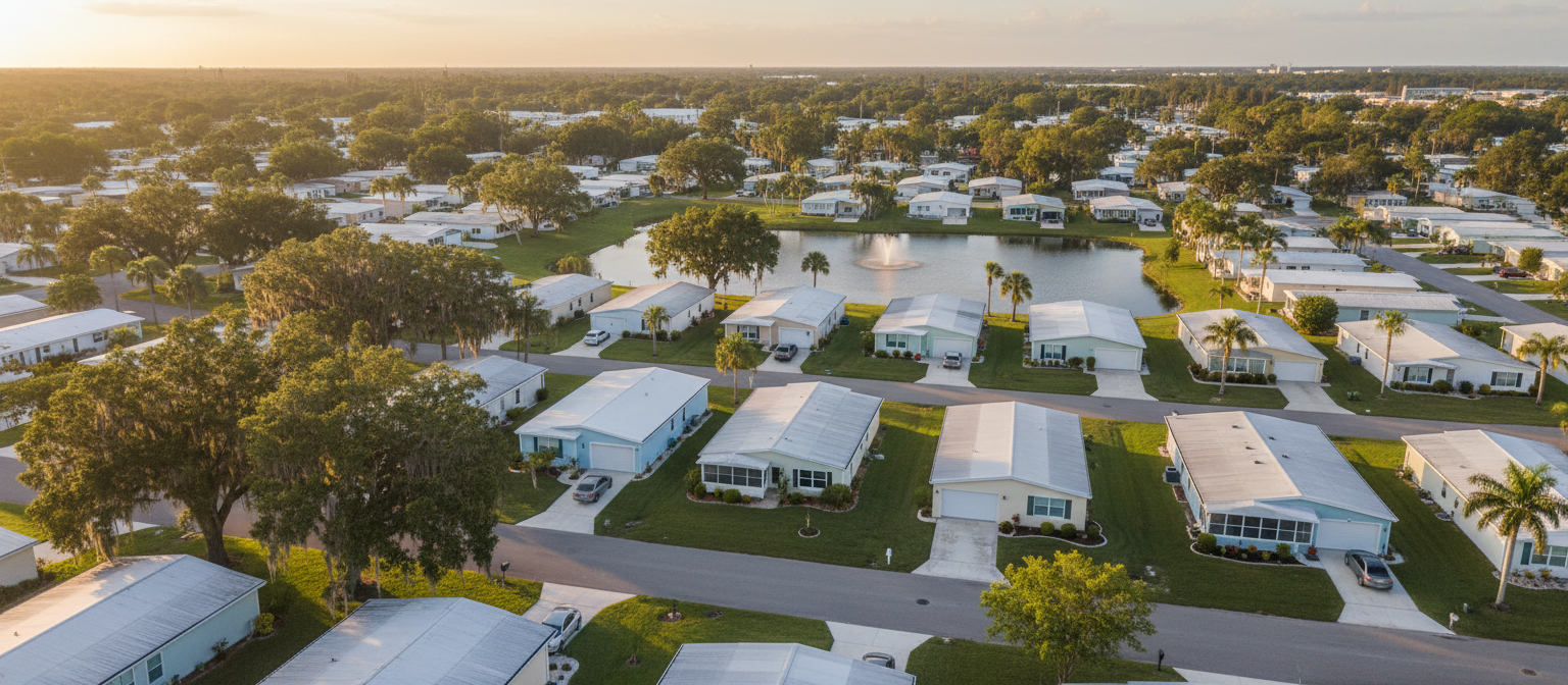Aerial view of a well-maintained manufactured housing community at golden hour