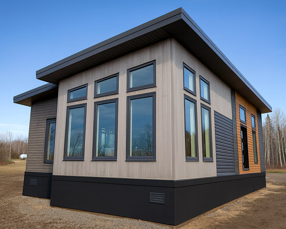 Modern home with insulated skirting at the base and siding above