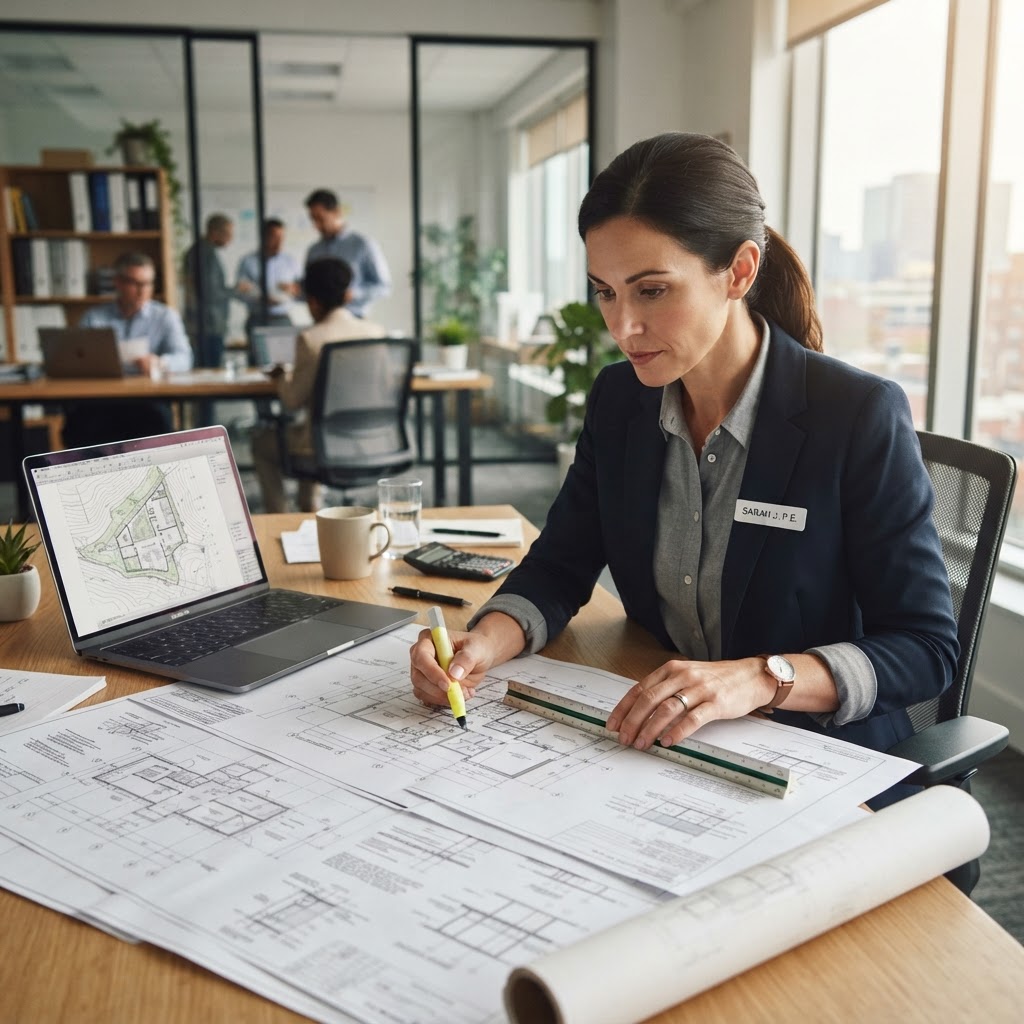 Engineer reviewing a Houston building permit plan set