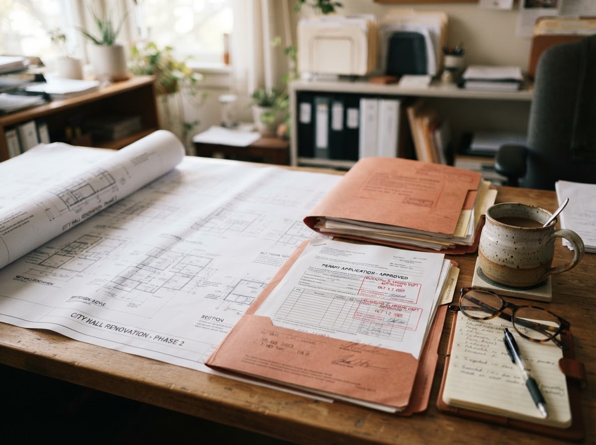 Permit desk with plans