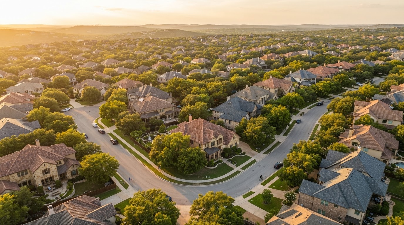 Aerial view of Texas suburban rooftops