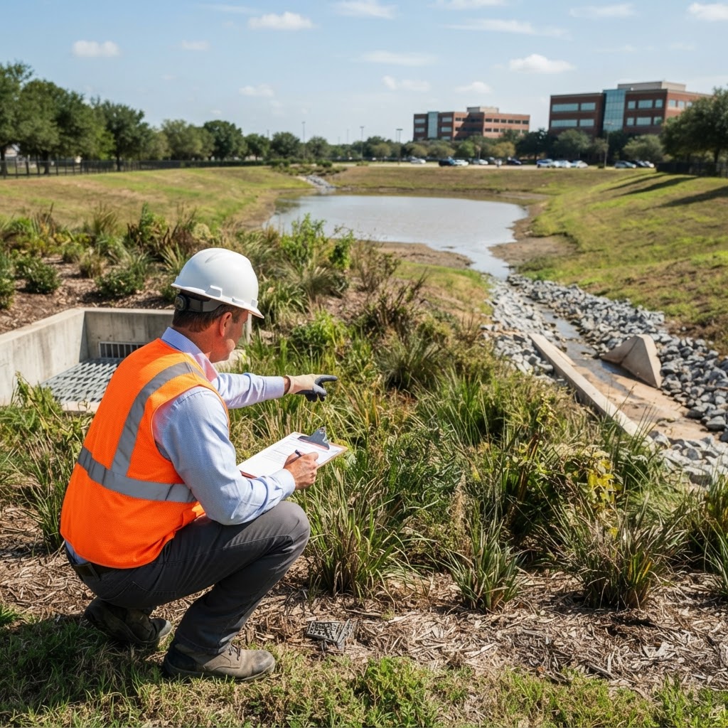 Professional engineer conducting an annual stormwater quality inspection at a Houston commercial property