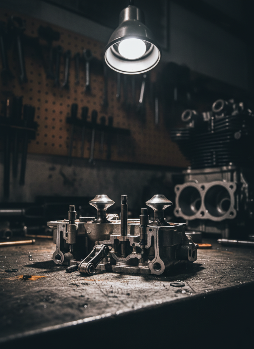 Ducati desmodromic valve head close-up