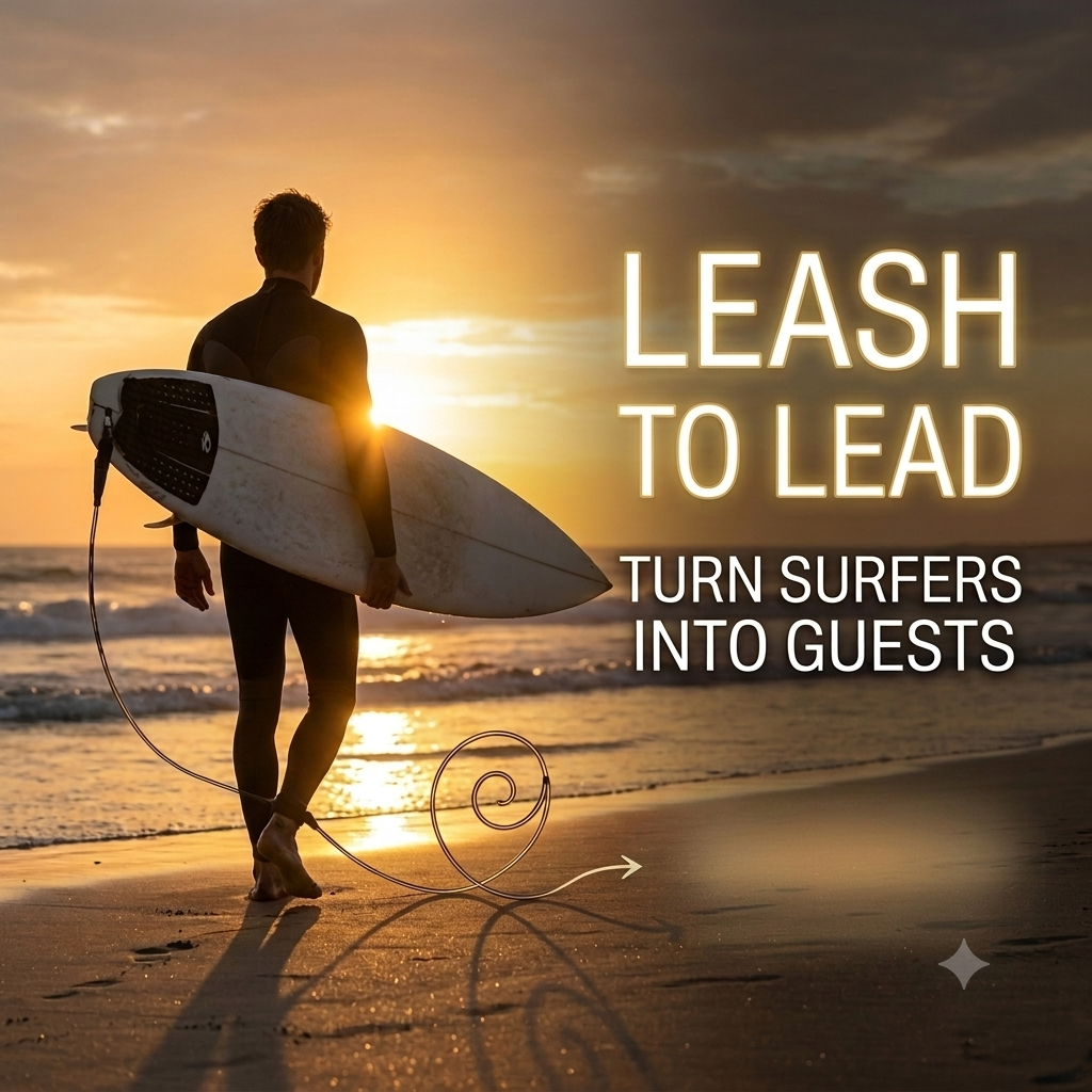 Leash to Lead — surfer walking towards the ocean at sunset