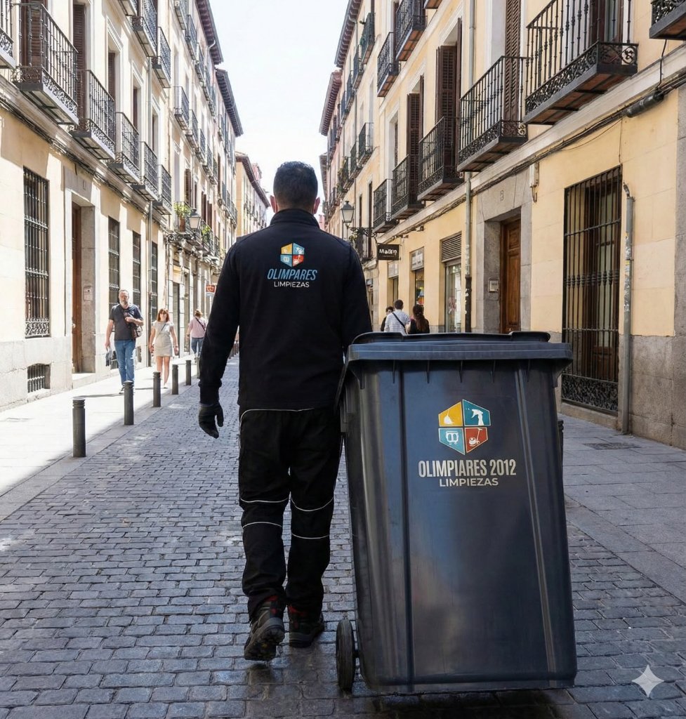 Operario de Olimpiares 2012 SL realizando el servicio de recogida y limpieza de cubos de basura para una comunidad en Madrid