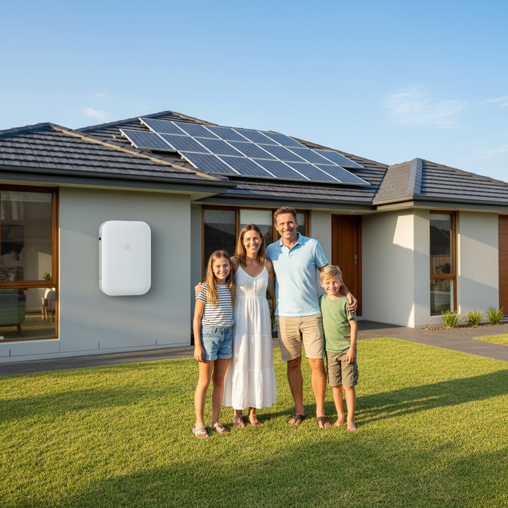 Australian family in front of home with solar panels and battery
