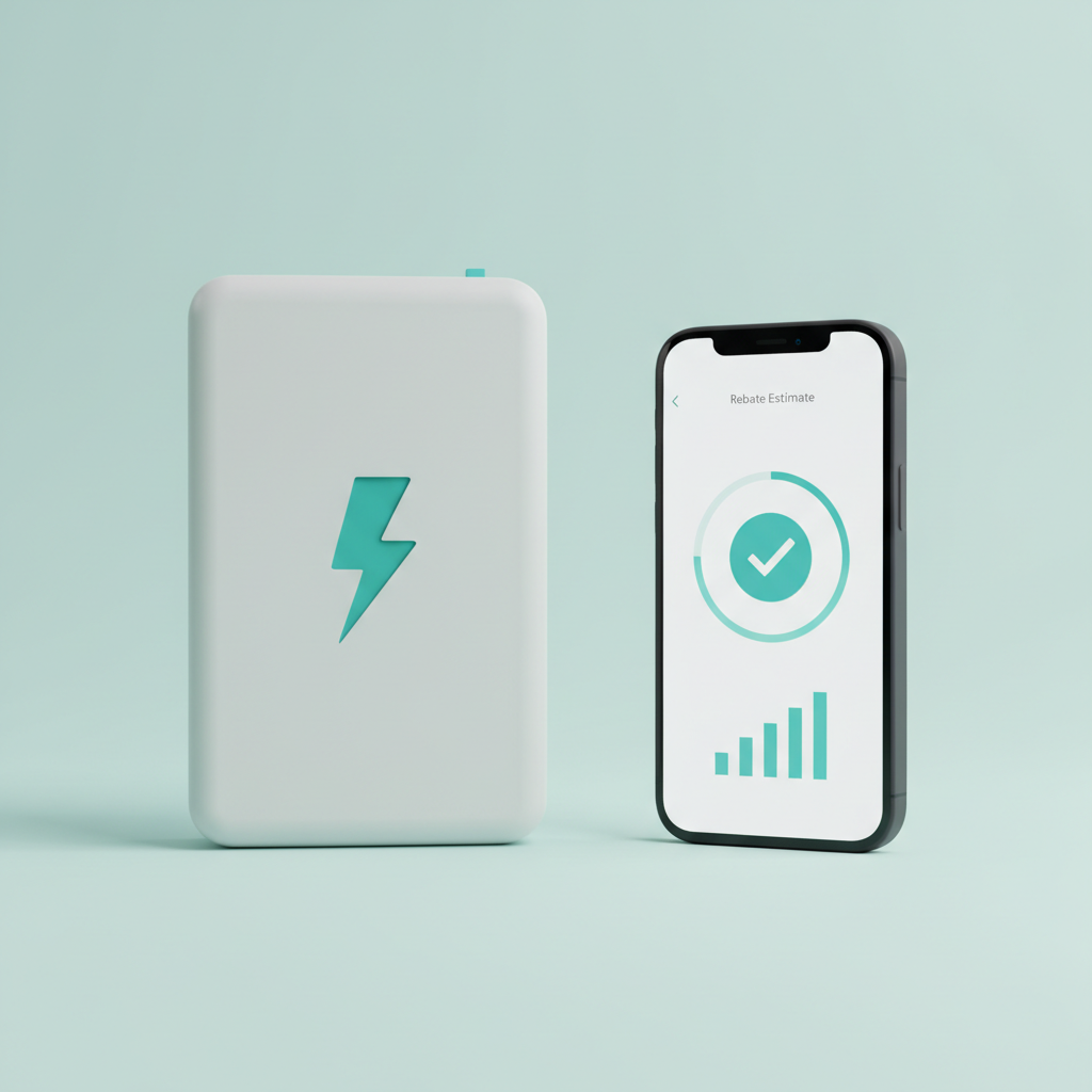 Home battery and smartphone showing rebate estimate