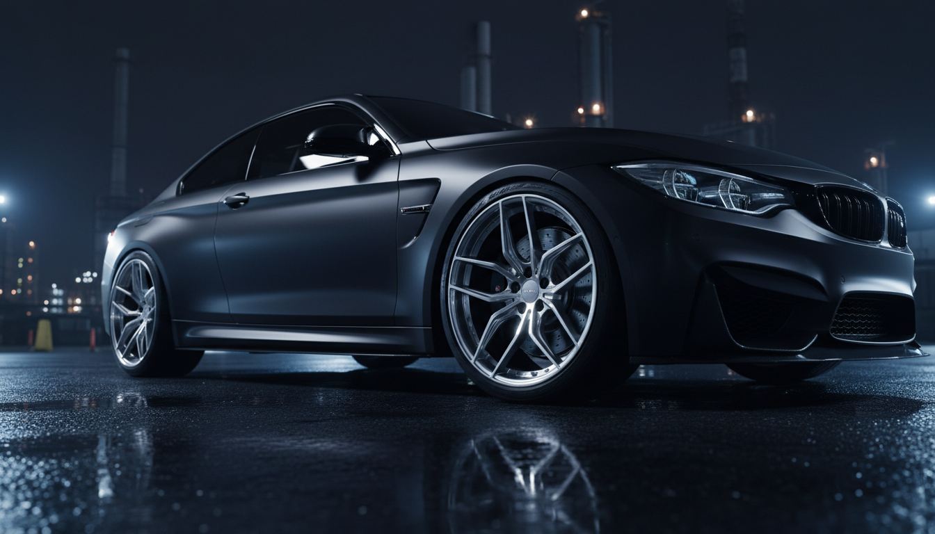 Performance vehicle with precision alloy wheels on wet asphalt at night