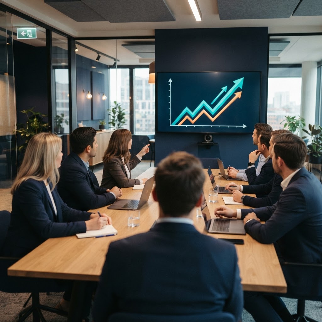 Content Generation Automation Costs Roi — how to get cited on ChatGPT with structured topical authority content. business team reviewing traffic growth graph on a large presentation screen in a modern office with navy colour scheme.