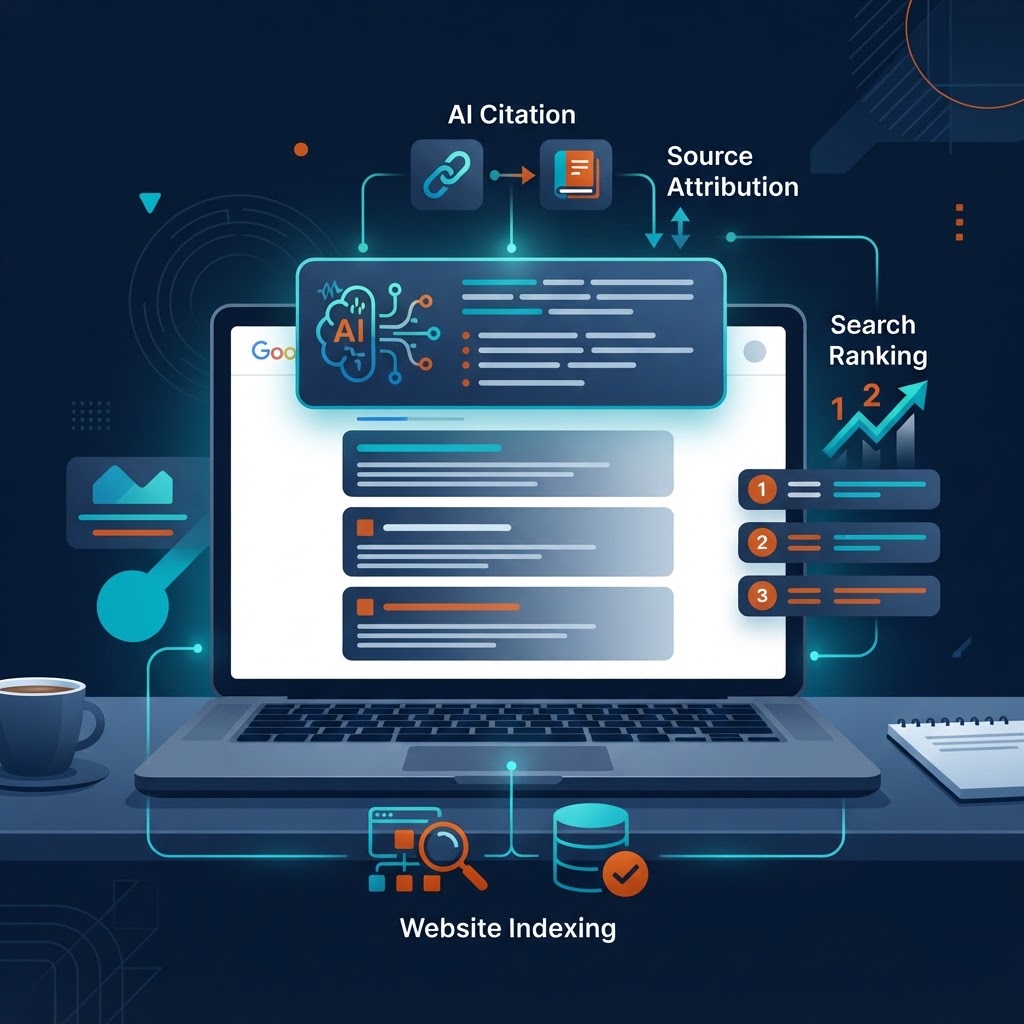 SEO basics for UK businesses in 2026: a laptop showing Google search results with an AI answer overview, illustrating how search engine ranking and AI answer engine citation work together for organic visibility and revenue growth.