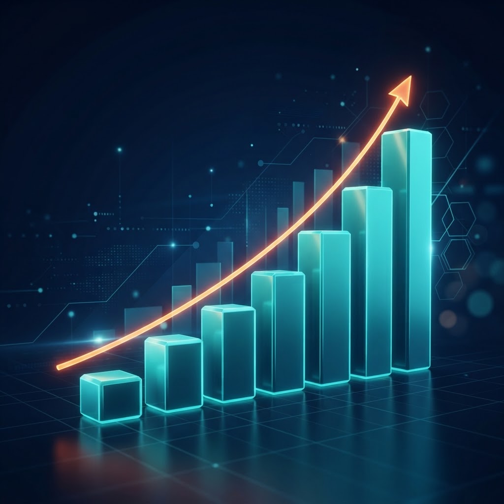 Position your business to get cited on ChatGPT using Fractional Cmo Client Onboarding Content. 3D bar chart visualization showing website traffic growth with ascending teal bars and orange trend line on navy background.