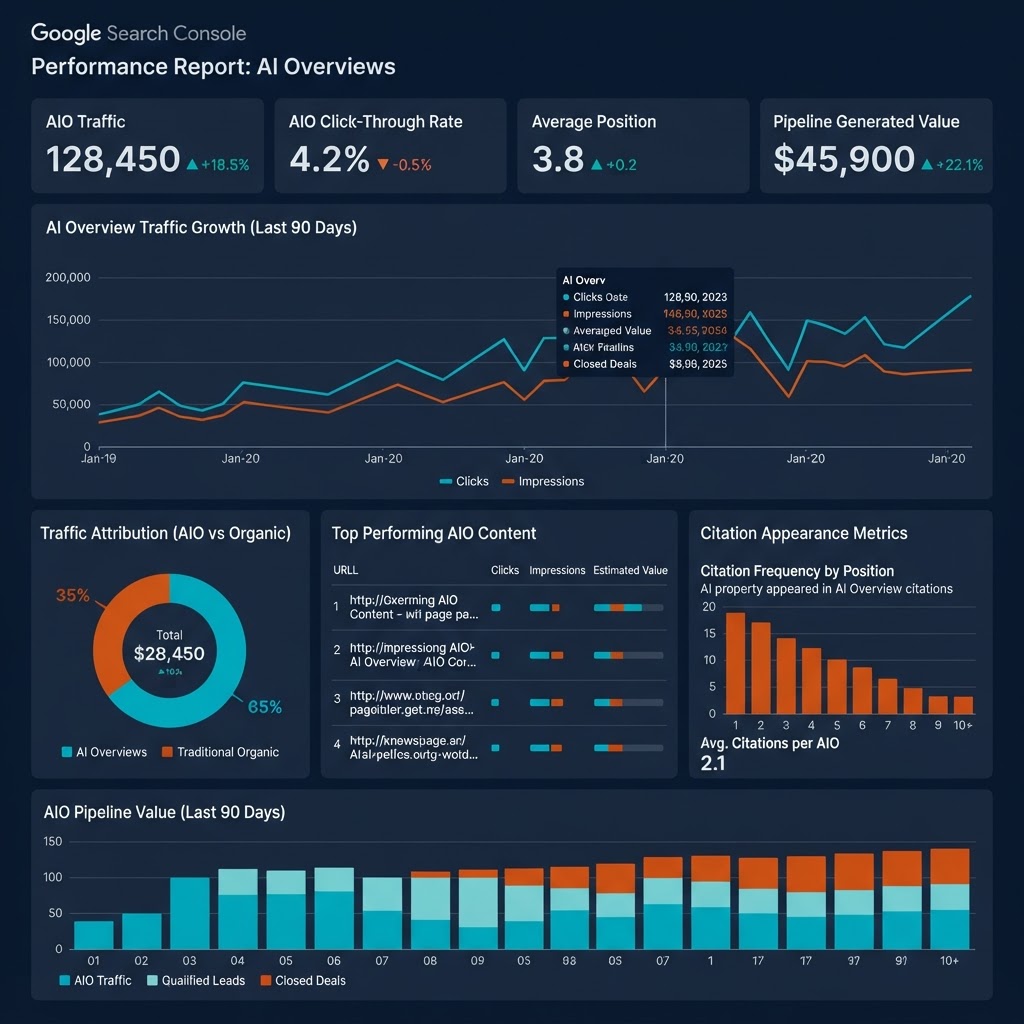 Measuring AI Overview traffic and ROI: Google Search Console analytics dashboard