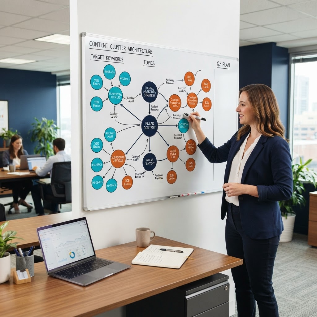 How to build a content cluster: strategist planning pillar and supporting article architecture