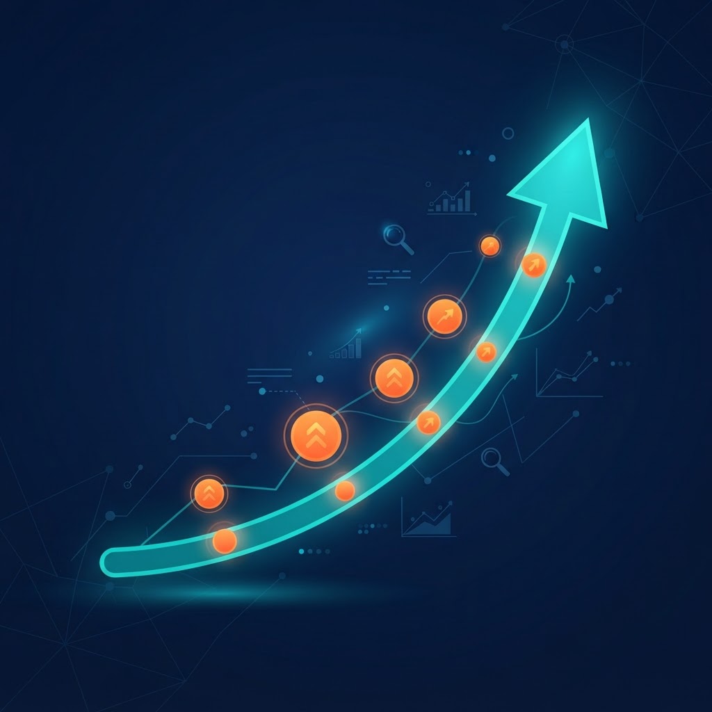 Automating Content Planning Multiple Clients — get cited on ChatGPT by building comprehensive content clusters that AI engines trust. infographic showing organic search traffic growth with teal upward arrow and orange milestone markers on navy gradient background.