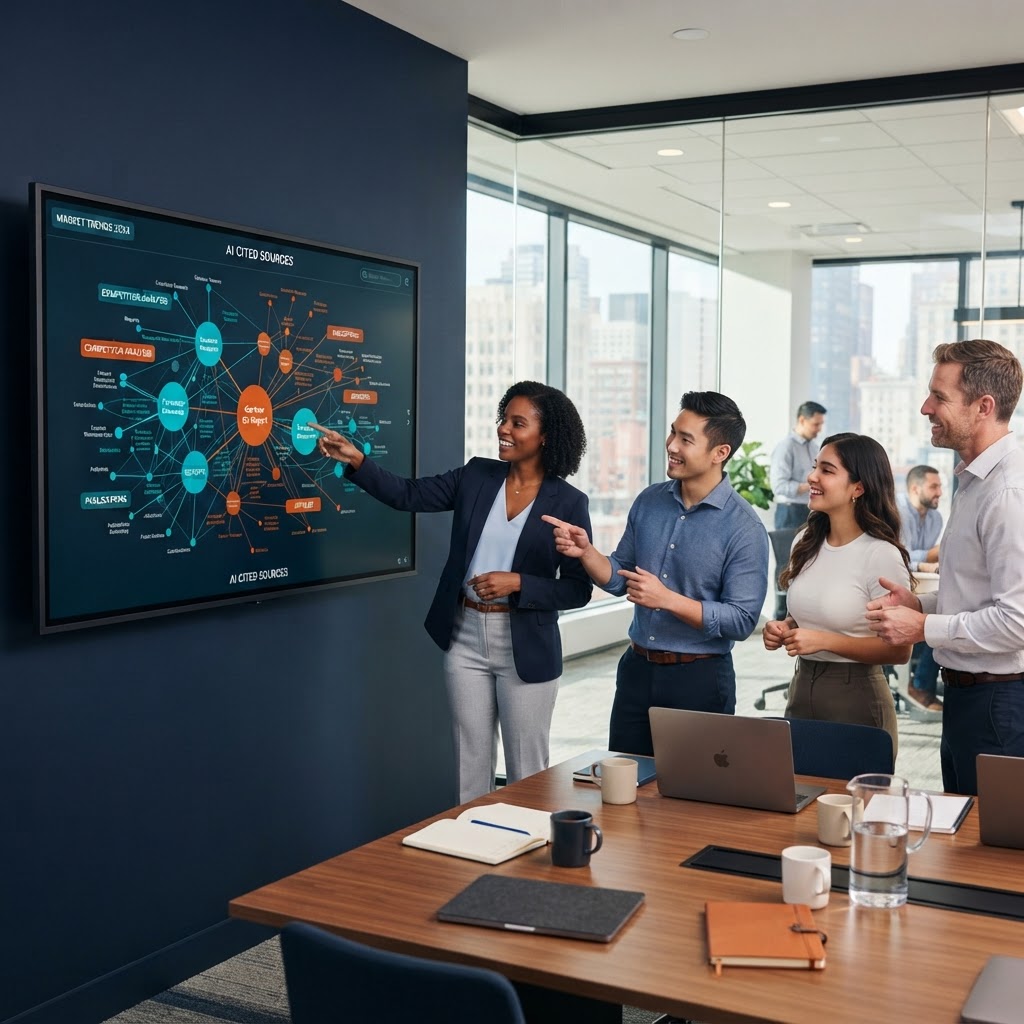 Multi-source attribution in AI search: team reviewing citation sources and data