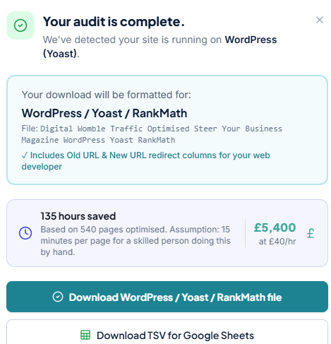 Ai Writing Tools Seo Content Agencies guide — a site optimisation tool for auditing content and improving search visibility. audit complete modal showing WordPress Yoast platform detection with download formatted for WordPress Yoast RankMath and 135 hours saved.