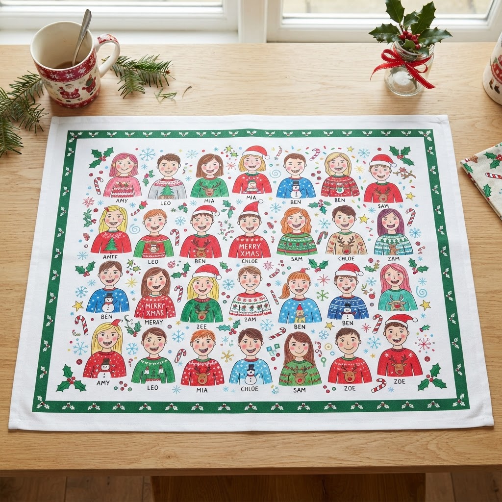 Tea towel printed with multiple children's Christmas portraits in festive hats