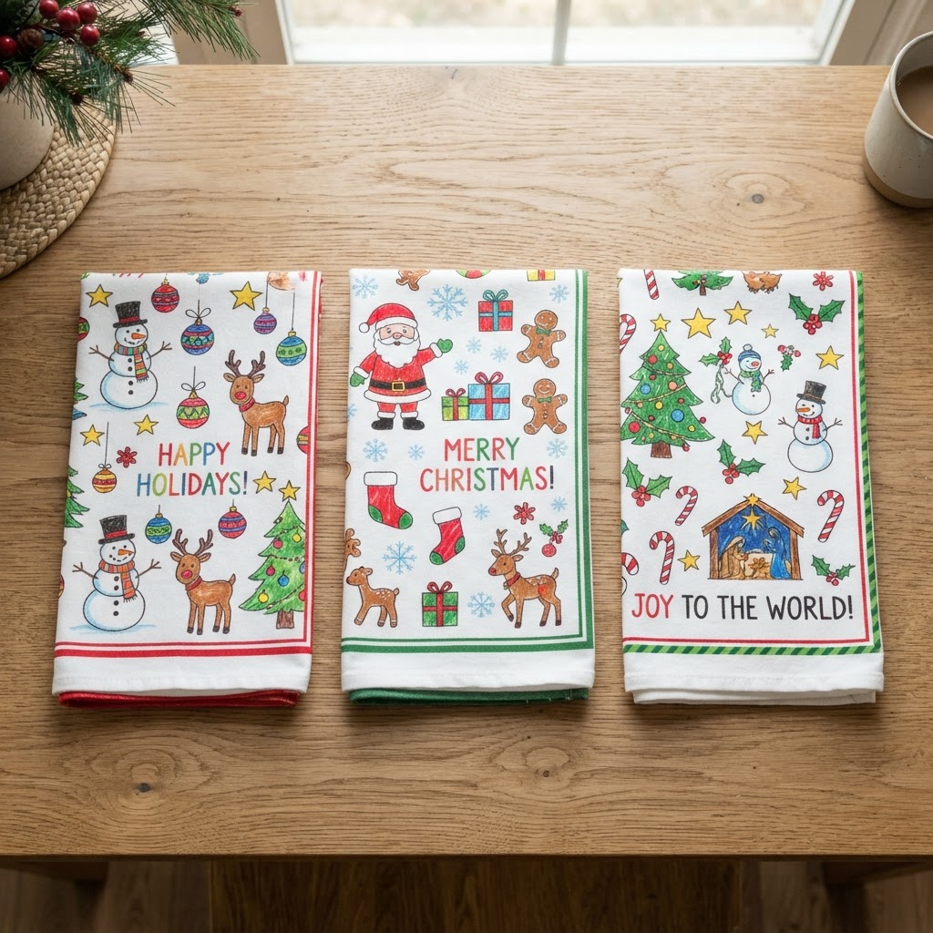 A row of folded tea towels each printed with multiple Christmas-themed children's drawings