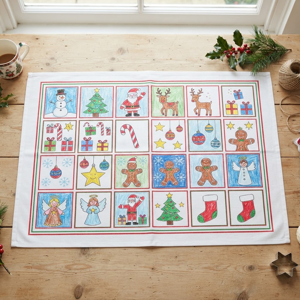 Class tea towel printed with a grid of Christmas-themed children's drawings
