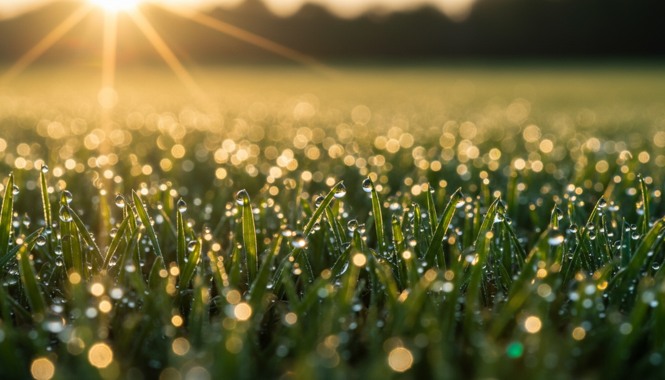 Voetbalveld bij zonsopgang met ochtenddauw