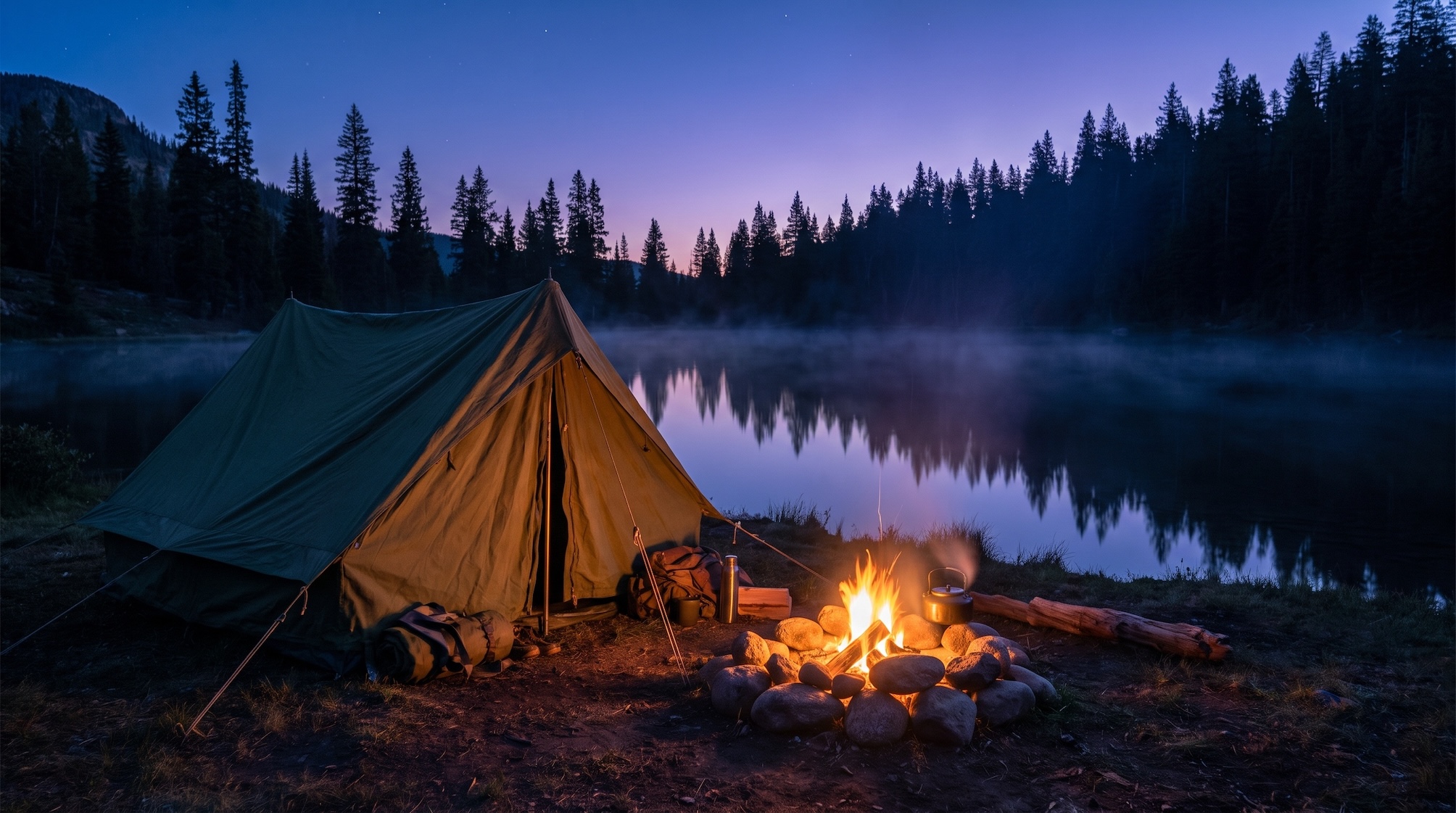 Campingzelt am Lagerfeuer am See in der Dämmerung