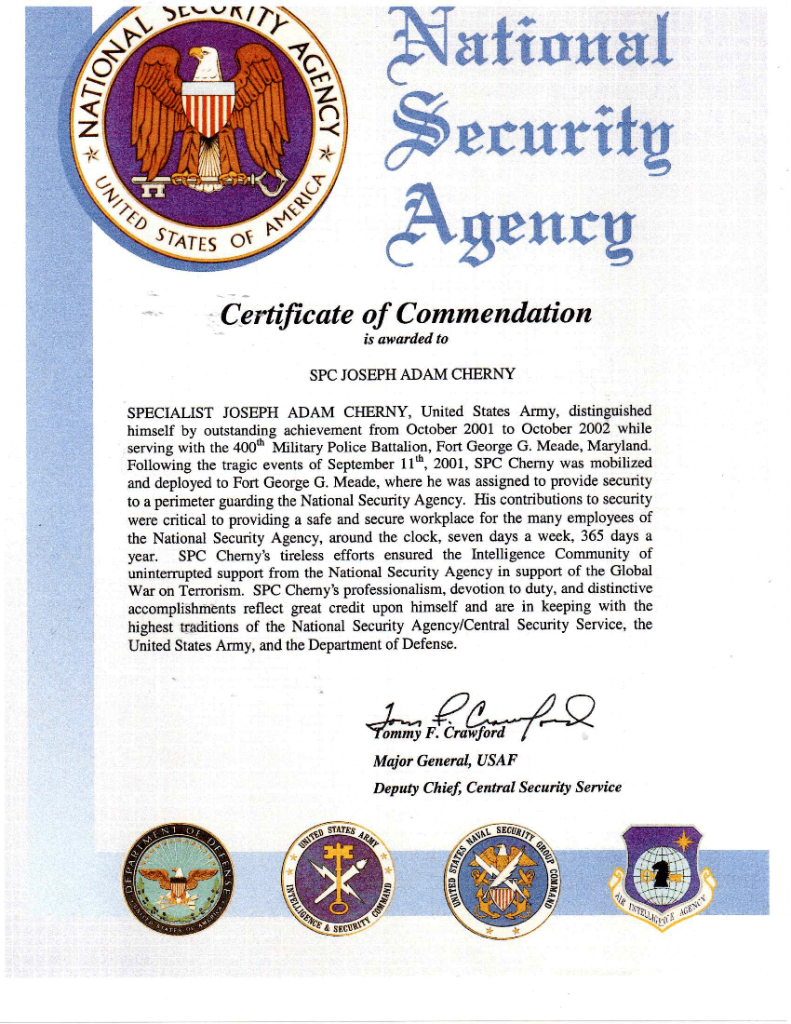 NSA Certificate of Commendation