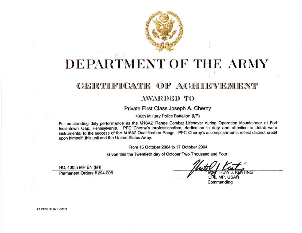 Army Certificate of Achievement