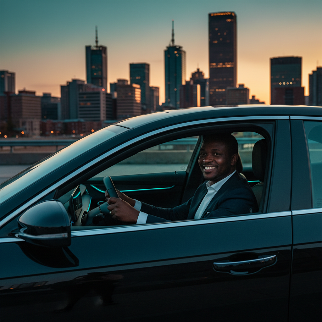 Professional driver with Johannesburg skyline