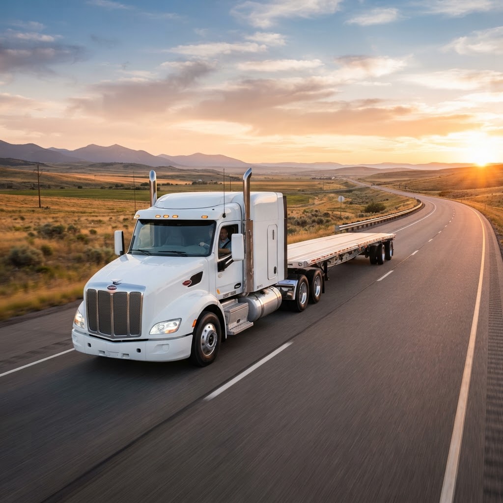 Commercial semi truck financing on the open highway at golden hour