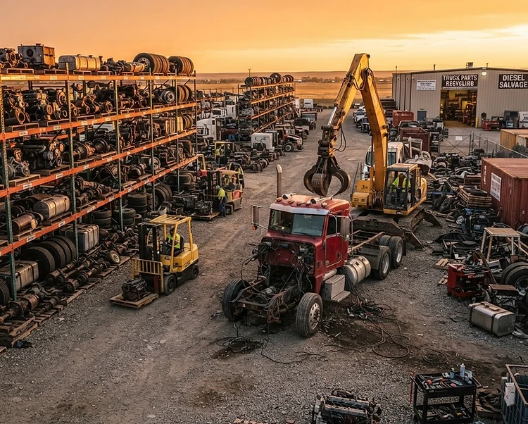 Dismantled commercial truck and organized used truck parts in a salvage yard