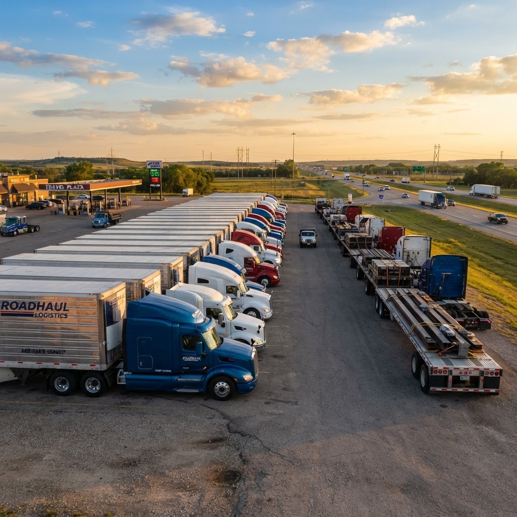 Commercial trailer fleet at golden hour