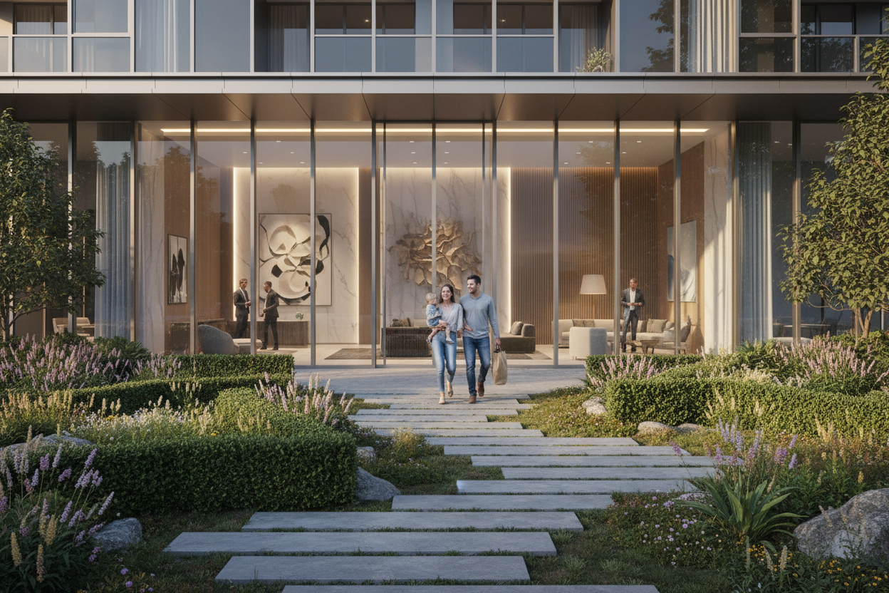 Familia en la entrada del edificio