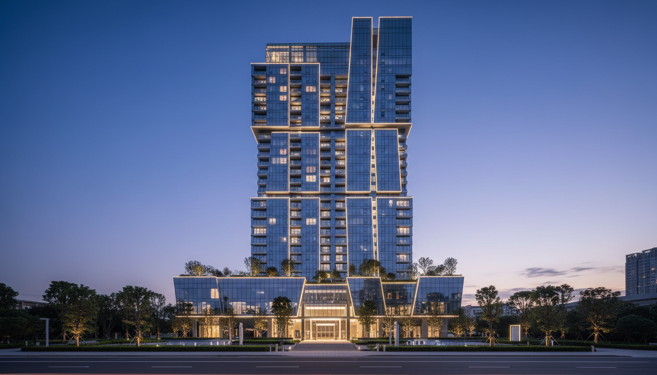 Edificio residencial moderno al atardecer