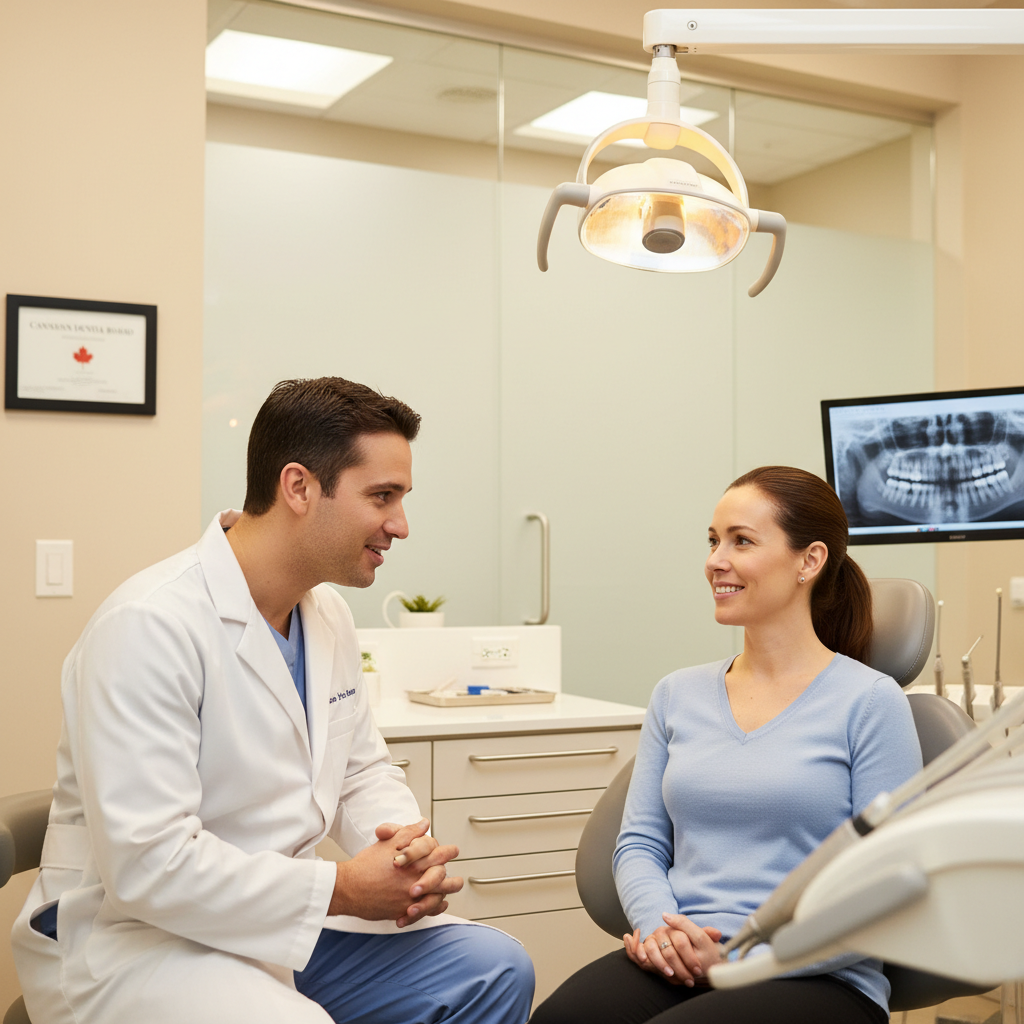 Dentist consulting warmly with patient about dental implants candidacy at Fallowfield Dental Barrhaven
