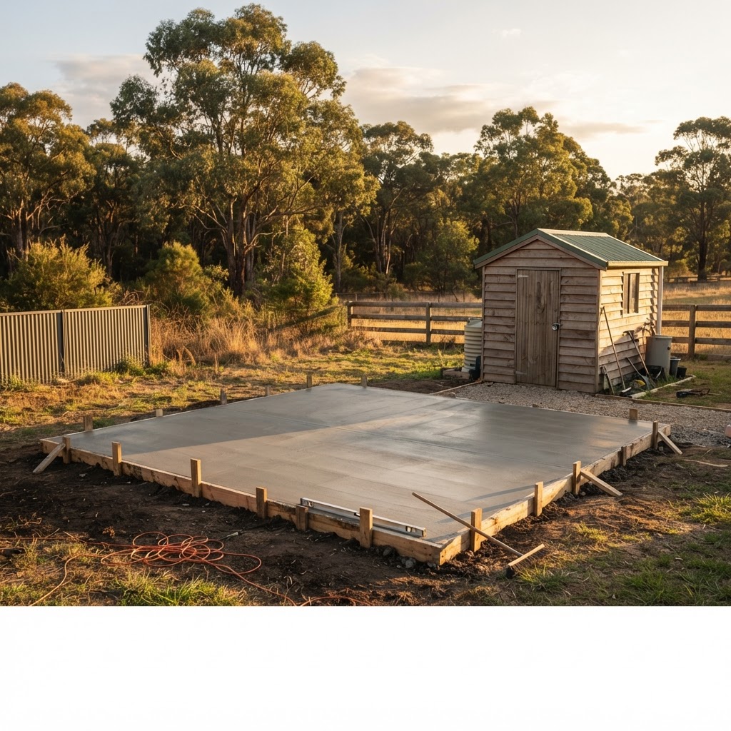 Freshly poured concrete shed slab in a Ballarat backyard