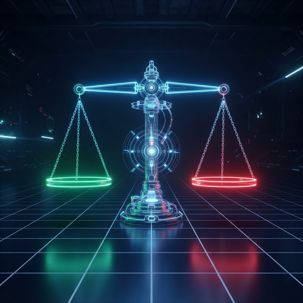 Futuristic scales of justice — green vs red pans