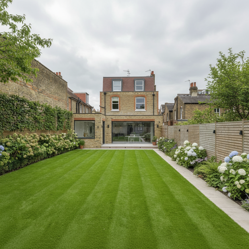 Manicured West London garden at golden hour