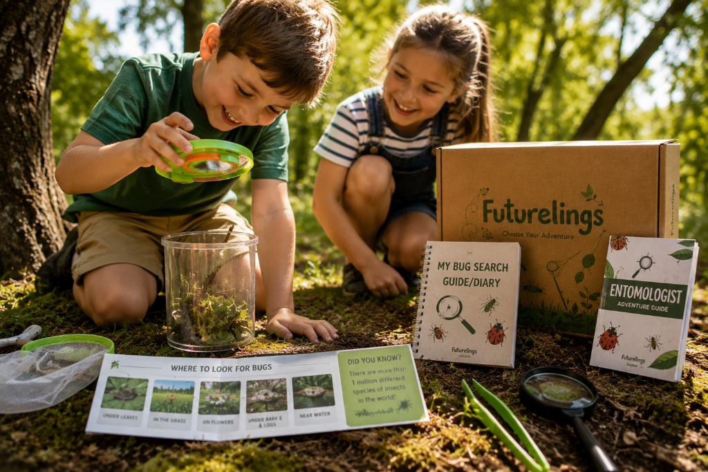 Child exploring nature outdoors with a Futurelings adventure kit