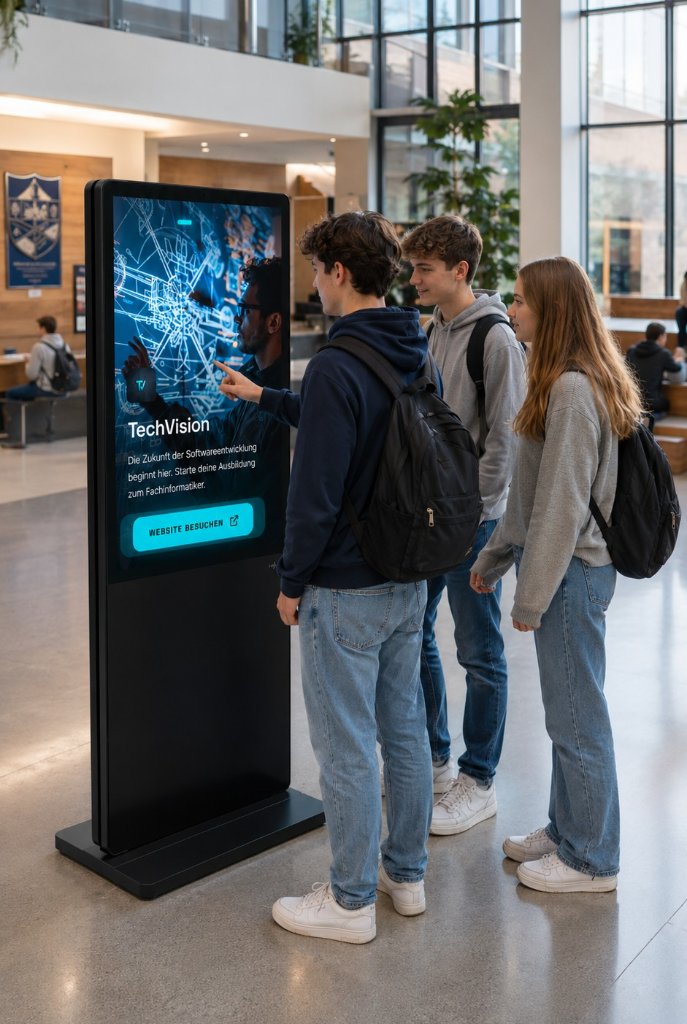 Schüler vor digitalem Infoscreen von nextstep. in der Schule