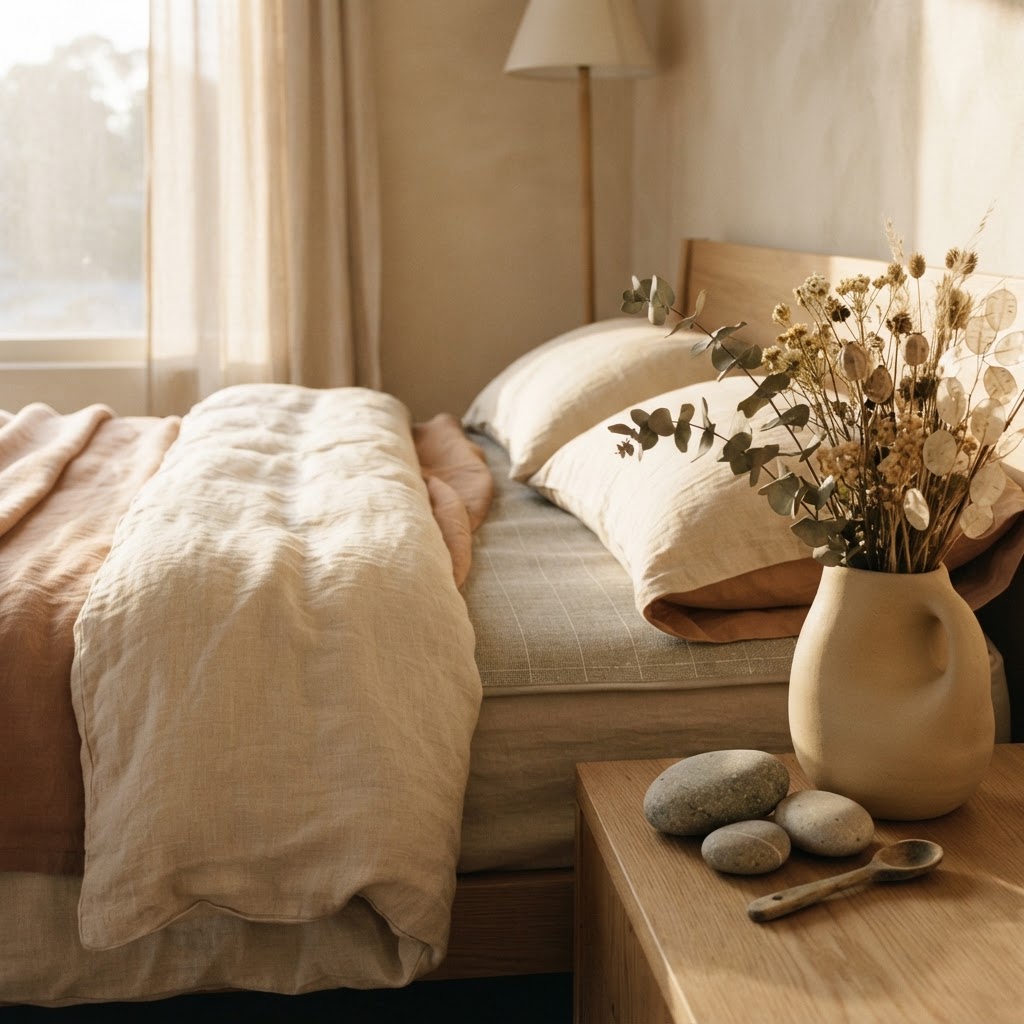 A serene grounding wellness scene with warm natural light and earthy tones