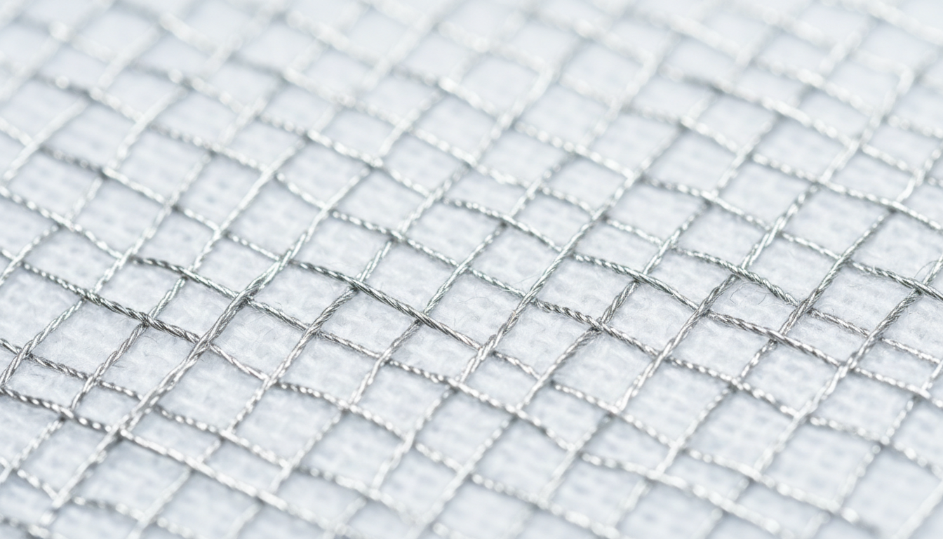 Macro photography of silver conductive grid pattern in grounding fabric