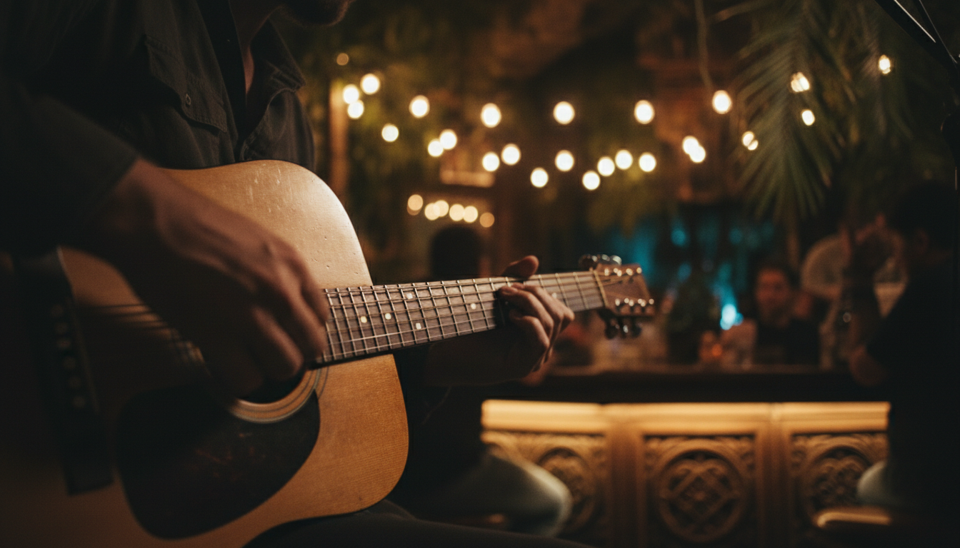 Musician playing guitar in a dimly lit garden bar with warm Edison bulb lights