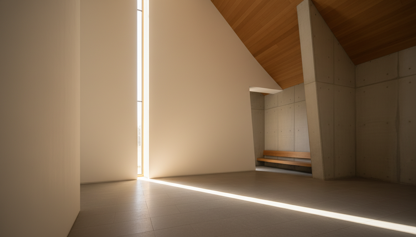 A serene modern chapel interior with warm natural light