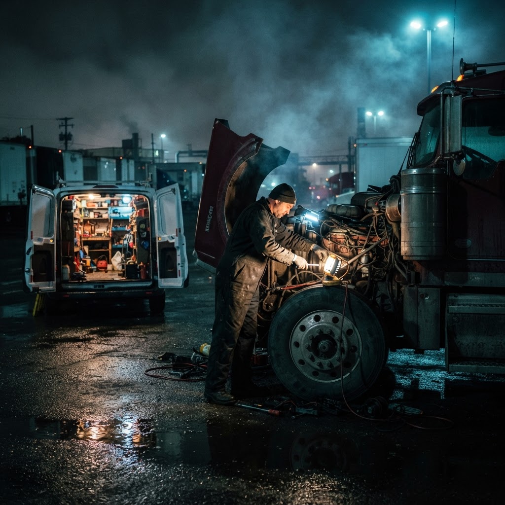 Mechanic performing on-site heavy duty diesel fleet repair at night