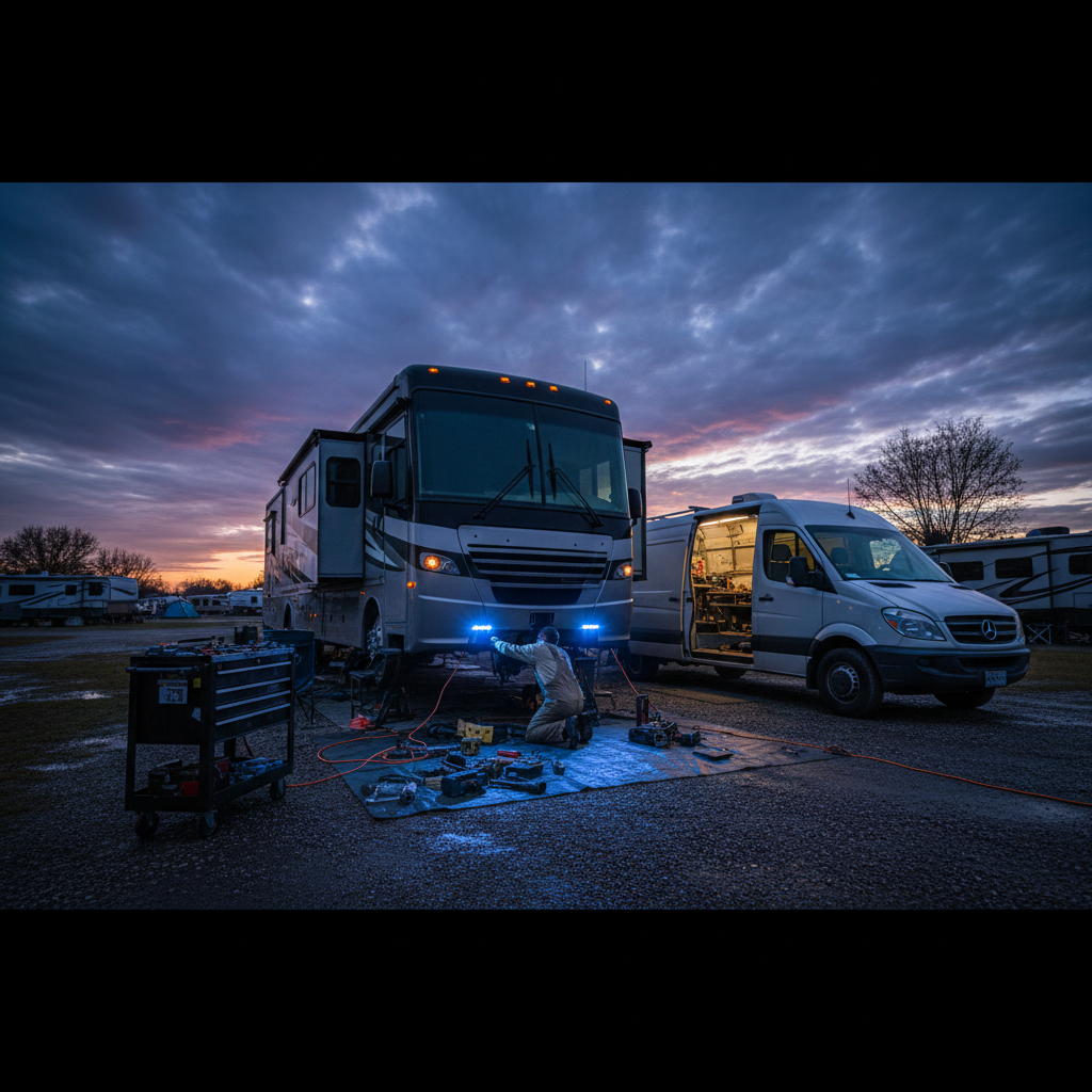 Mobile RV repair specialist servicing a motorhome on-site