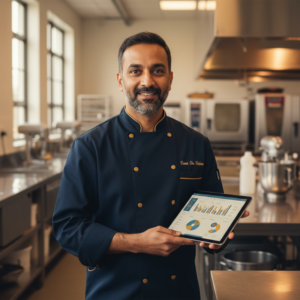 Food business operator reviewing costs on a tablet