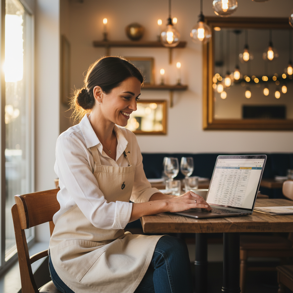 Restaurant owner reviewing costs on Evolve Cost